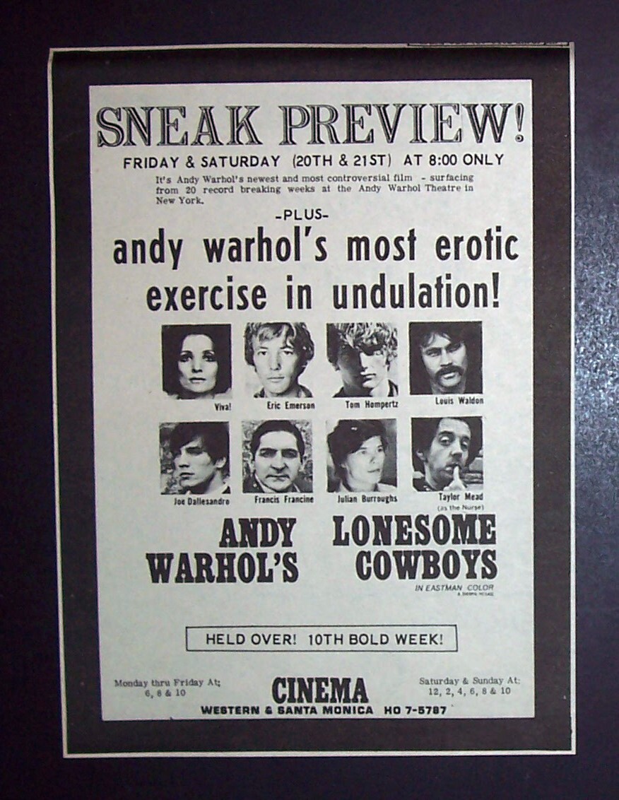 Andy Warhol LA Trash Preview, Lonesome Cowboys 1969 Movie Ad (Joe Dallesandro)