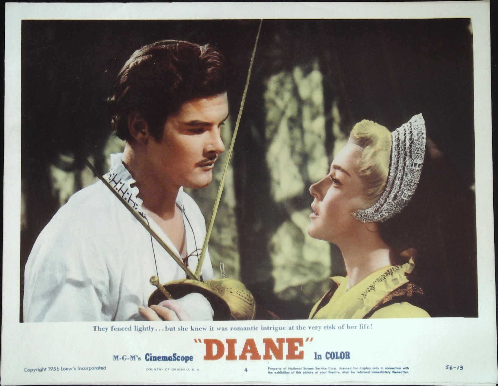 Diane Lobby Card #4 1956 Roger Moore lightly fencing with Lana Turner!
