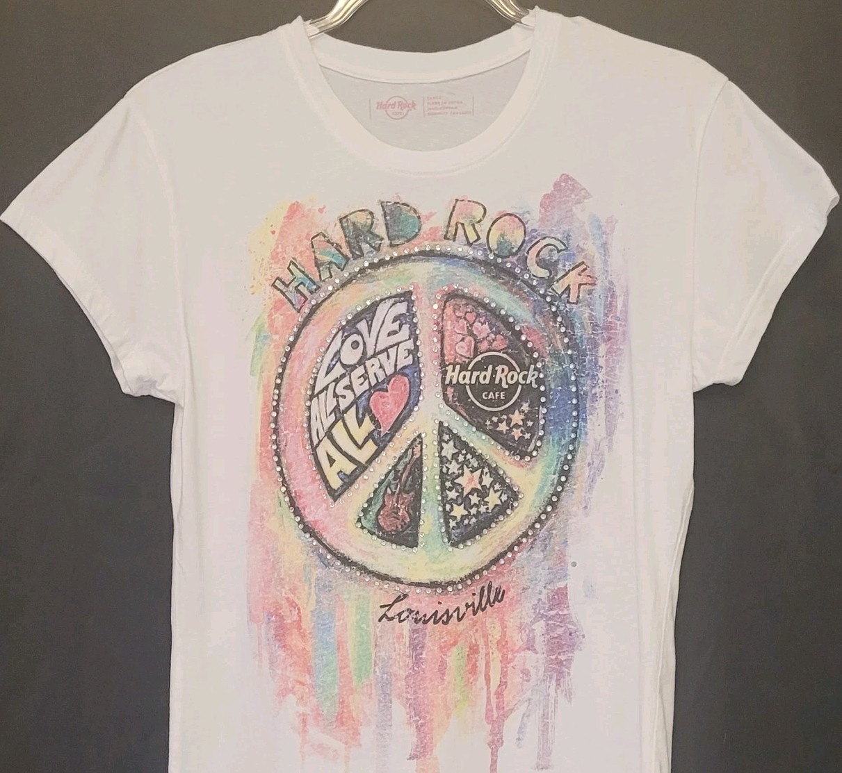 Hard Rock Cafe Louisville Ky Graphic Cap Sleeve T Shirt Hippie Rhinestones Sz L
