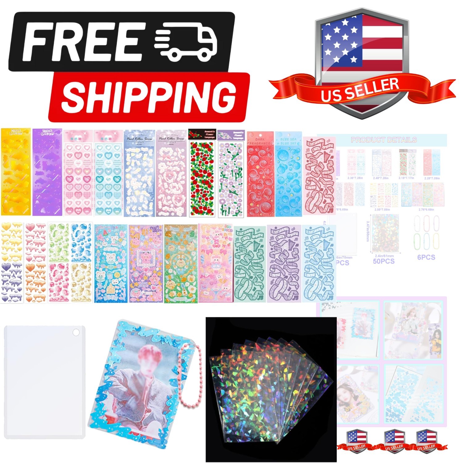 6 Kpop Photocard Holder Keychain Toploaders,50 Holographic Card Sleeves for T…