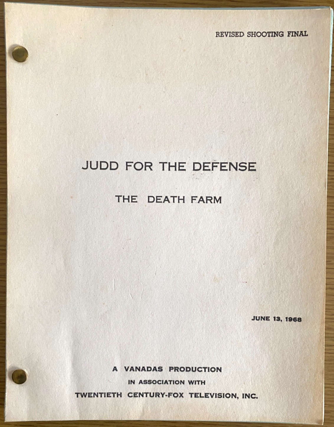 1968 JUDD FOR THE DEFENSE original TV drama television script THE DEATH FARM