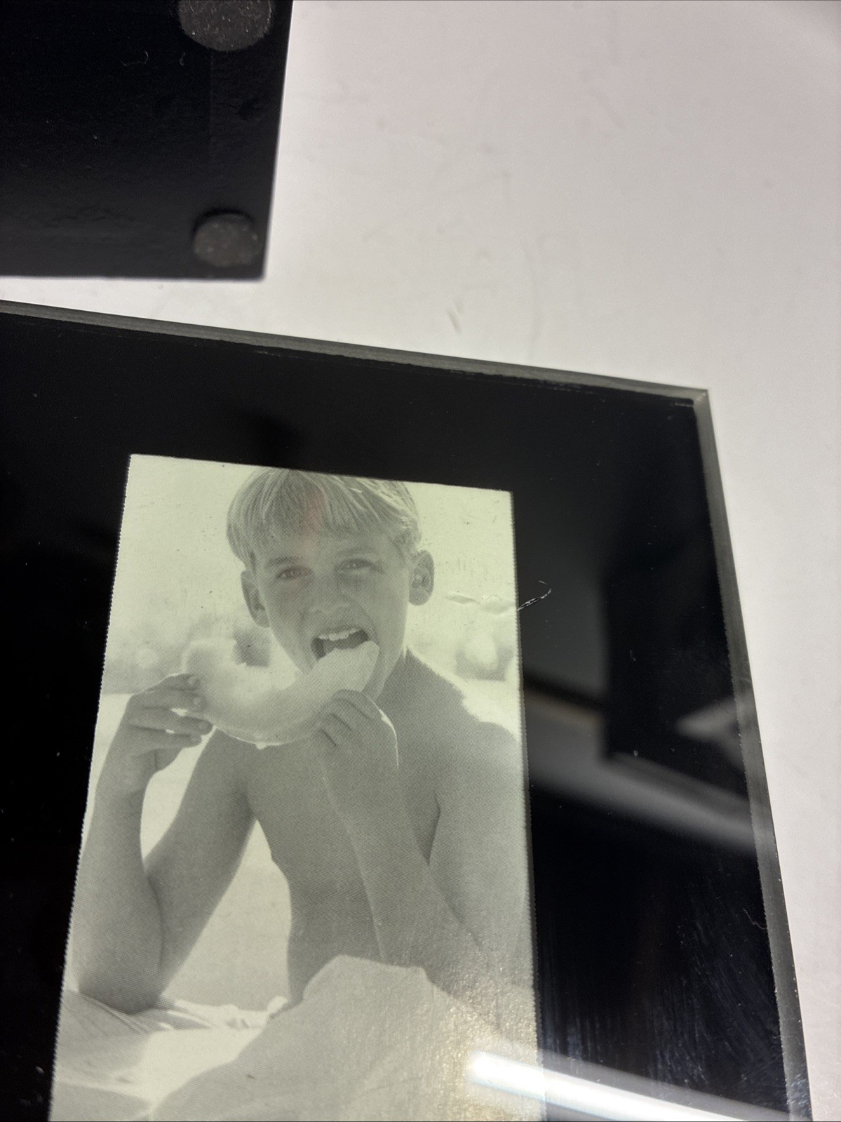 Black Frame Glass photo 4 coasters and wooden holder Photo Gift Preowned
