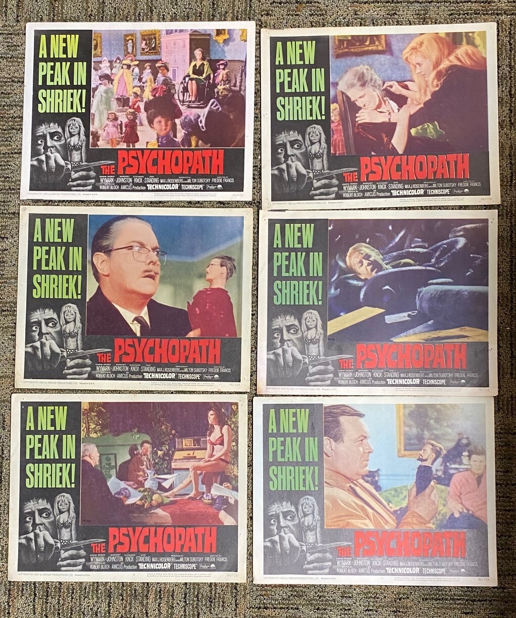 THE PSYCHOPATH 1966 full set of 8 Lobby Cards; did the tiny dolls murder them?