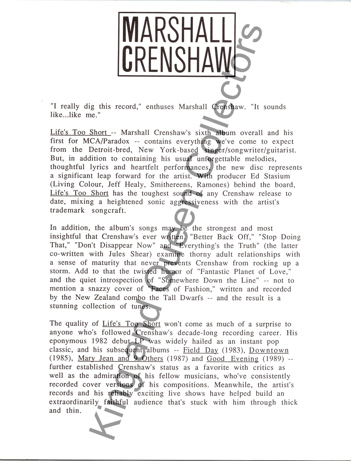 Marshall Crenshaw 1991 Original MCA/Paradox Press Kit Album Information Sheet