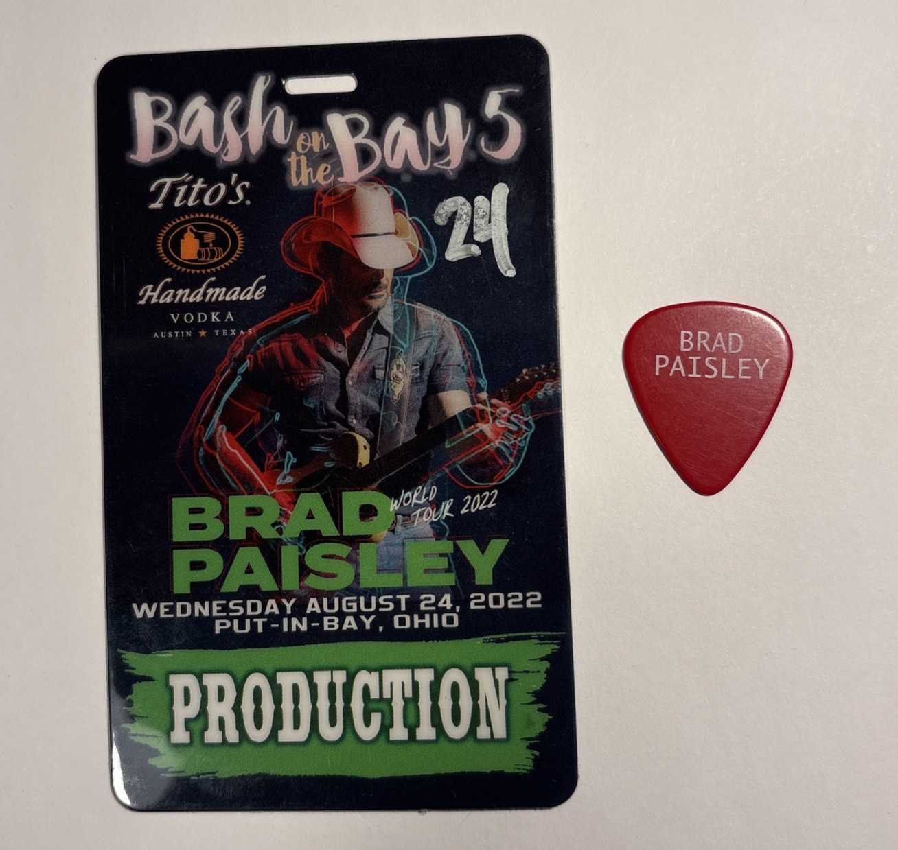 Brad Paisley – Tour Guitar Pick & Production Pass Memorabilia BUNDLE