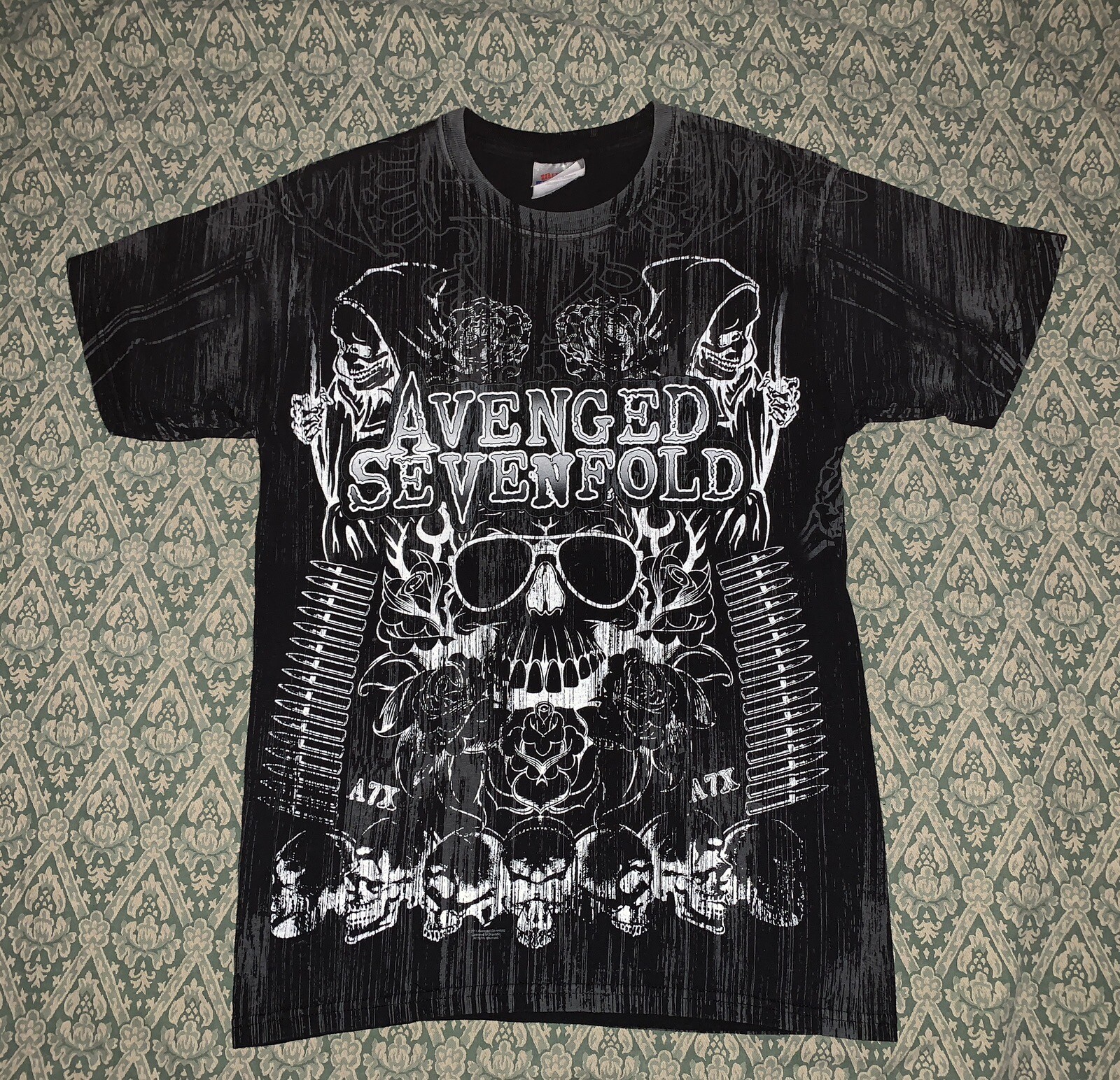 AVENGED SEVENFOLD circa 2011 Adult S Small All over print black T shirt 17×26