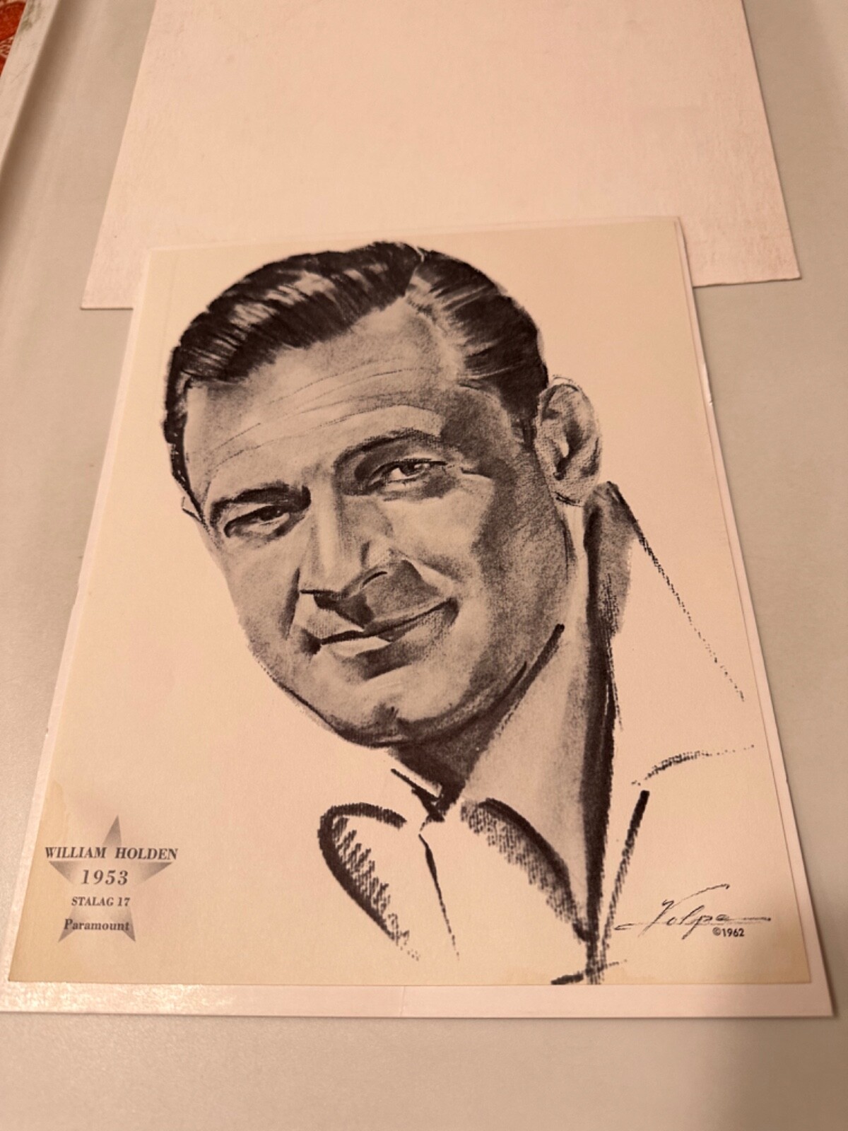 WILLIAM HOLDEN 8” X 10 1/2” Charcoal Portrait by N. VOLPE Oscar Winner – 1962!