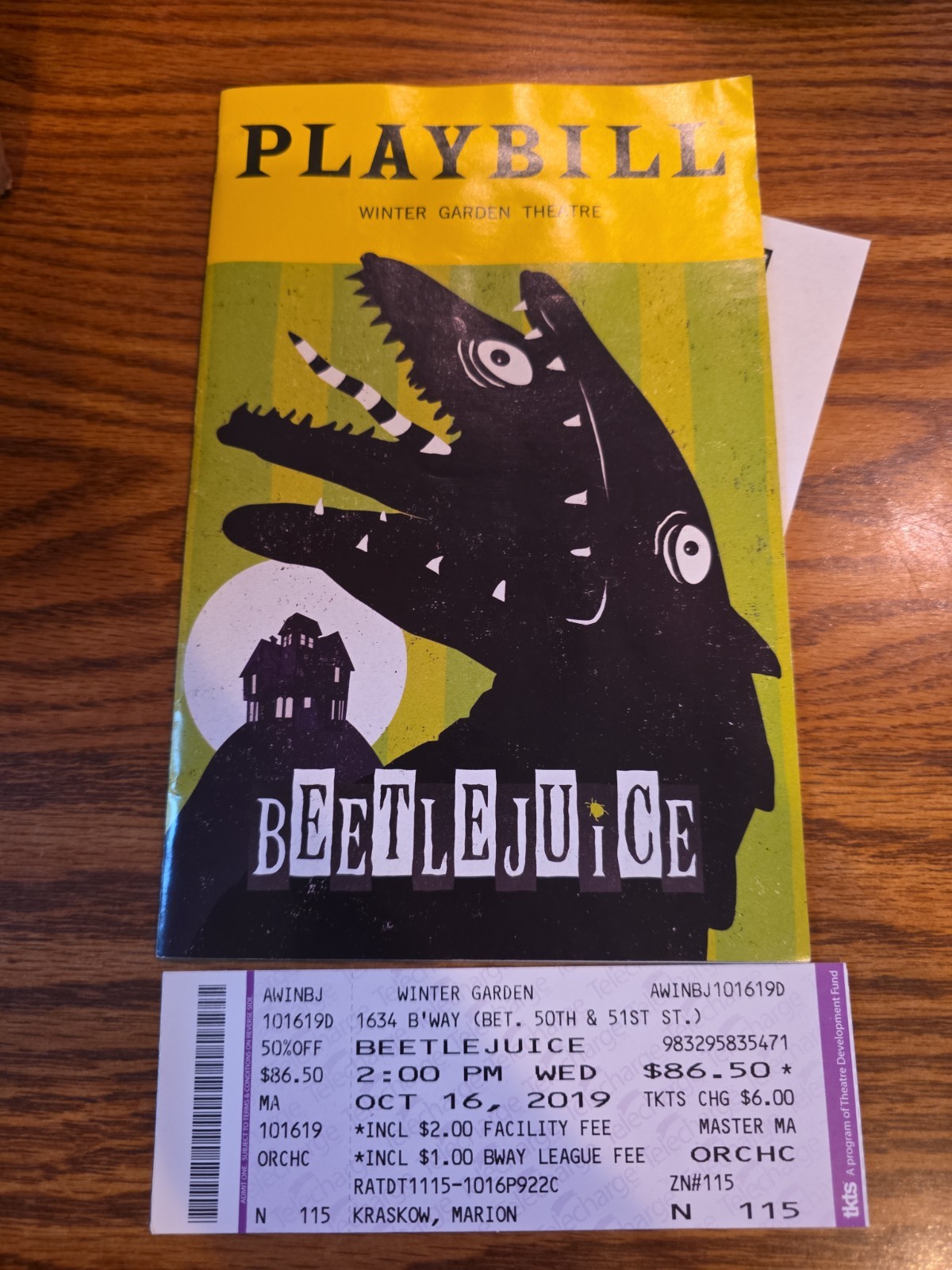 Beetlejuice Broadway Sandworm October 2019 Playbill Alex Brightman w/ticket!