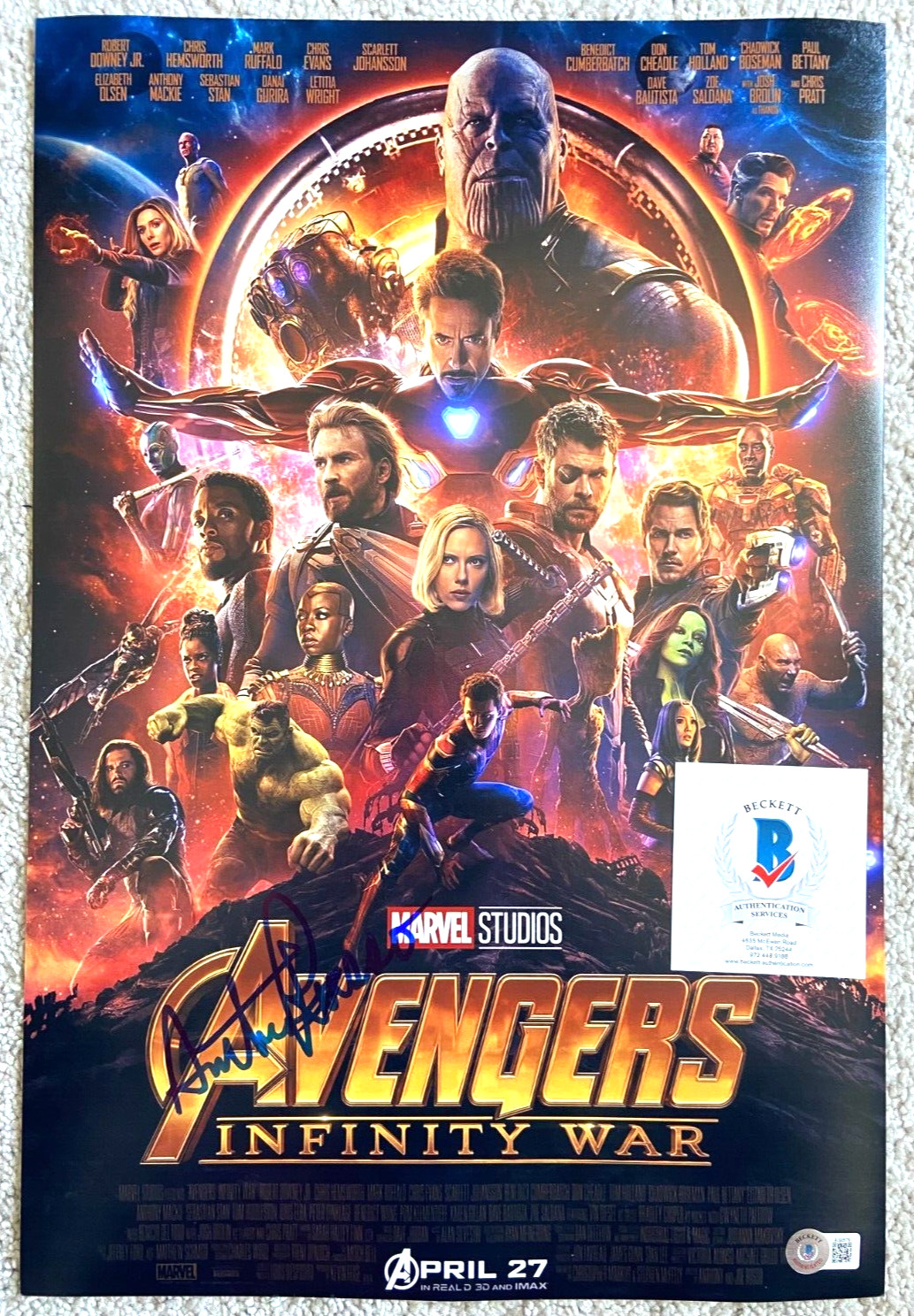 ANTHONY RUSSO SIGNED AVENGERS INFINITY WAR 12X18 POSTER PHOTO MOVIE MARVEL BAS