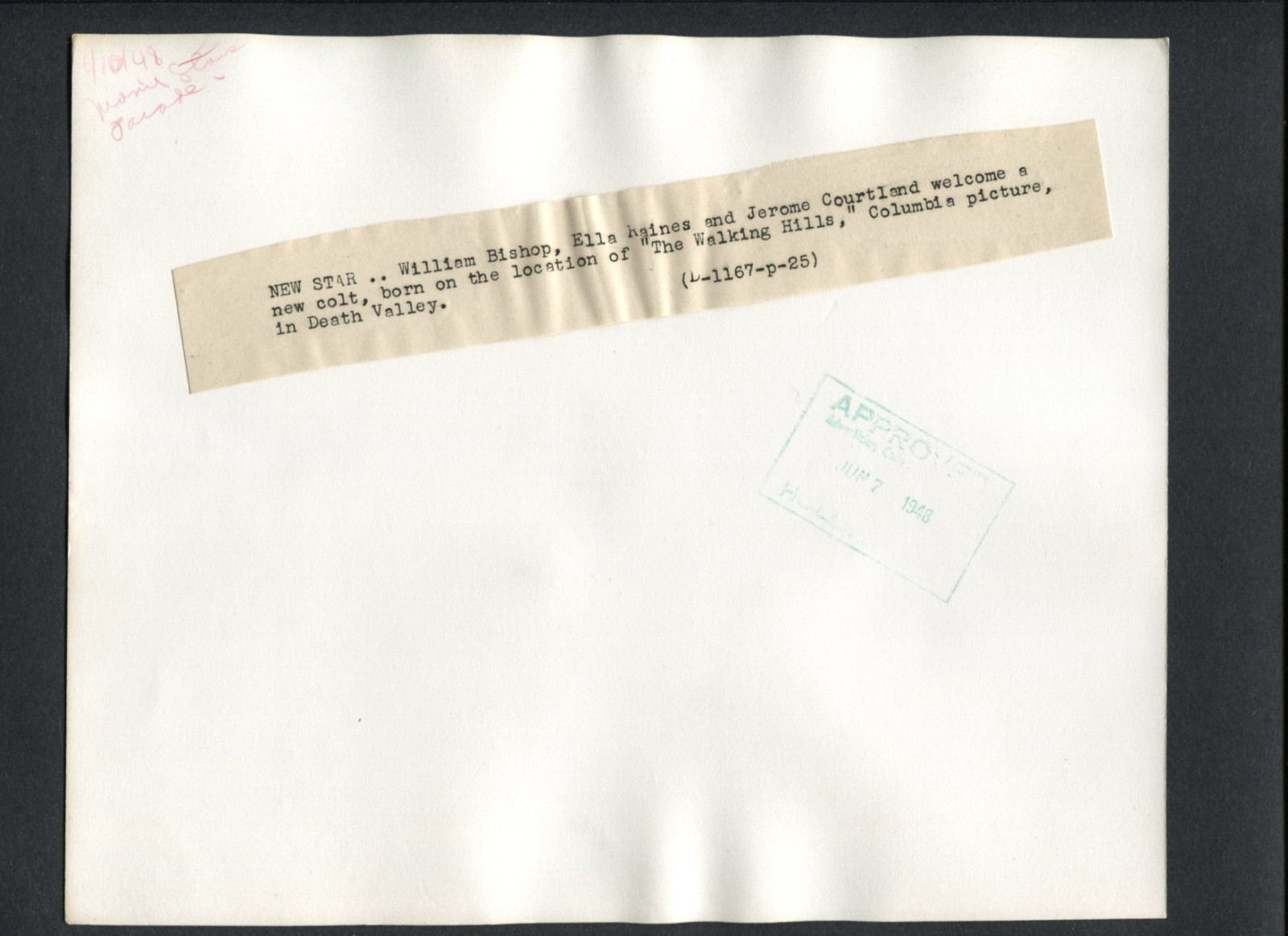 WILLIAM BISHOP + ELLA RAINES + COLT – 1949 DBLWT CANDID – JOHN STURGES WESTERN