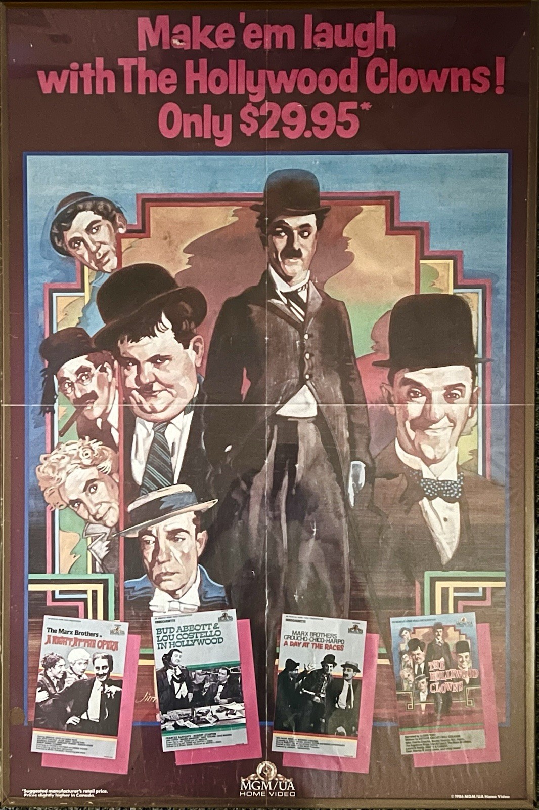 Hollywood Clowns Large VHS Promo Poster 24×36” 60x91cm Laurel Hardy Chaplin L&H