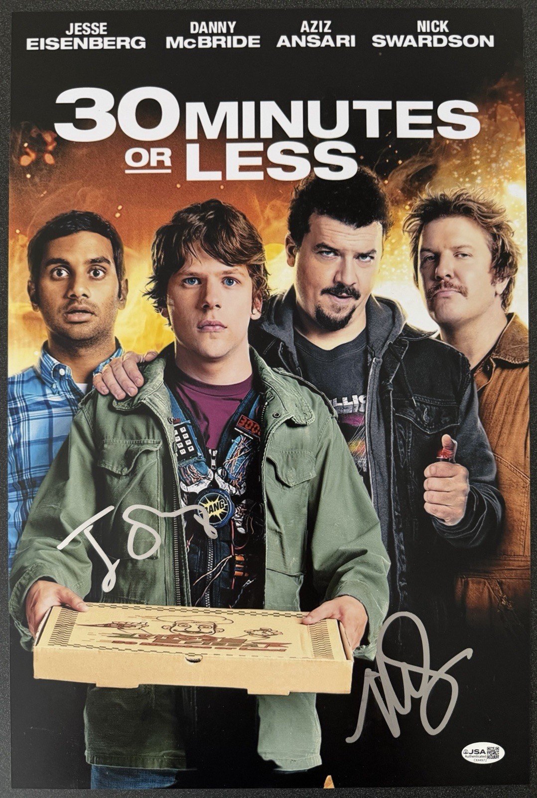 JESSE EISENBERG & NICK SWARDSON SIGNED ‘30 MINUTES OR LESS’ 12X18 POSTER JSA COA