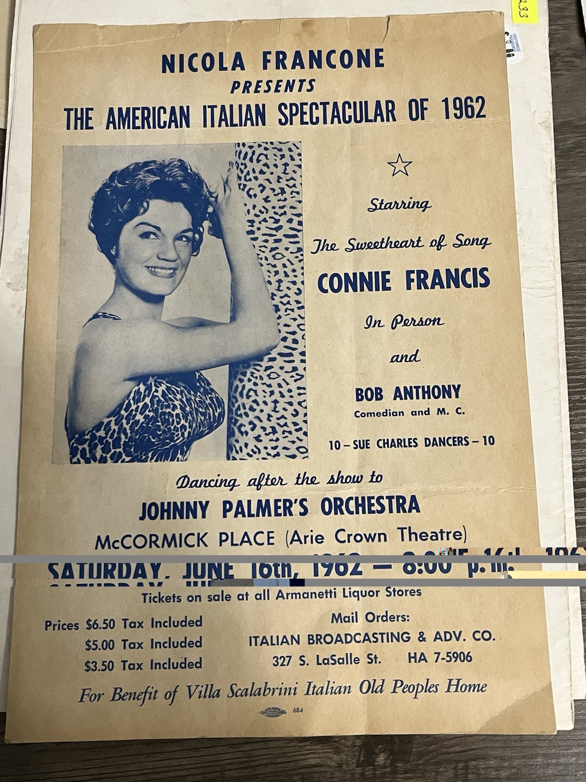 RARE! 1962 ~ CONNIE FRANCIS LIVE APPEARANCE 9×13” HANDBILL POSTER 6/16/1962