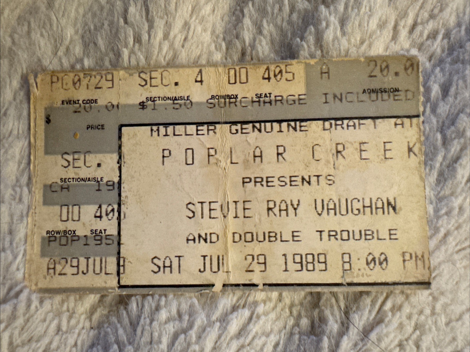 1989 STEVIE RAY VAUGHAN AND DOUBLE TROUBLE Vintage Concert Ticket – Poplar Creek