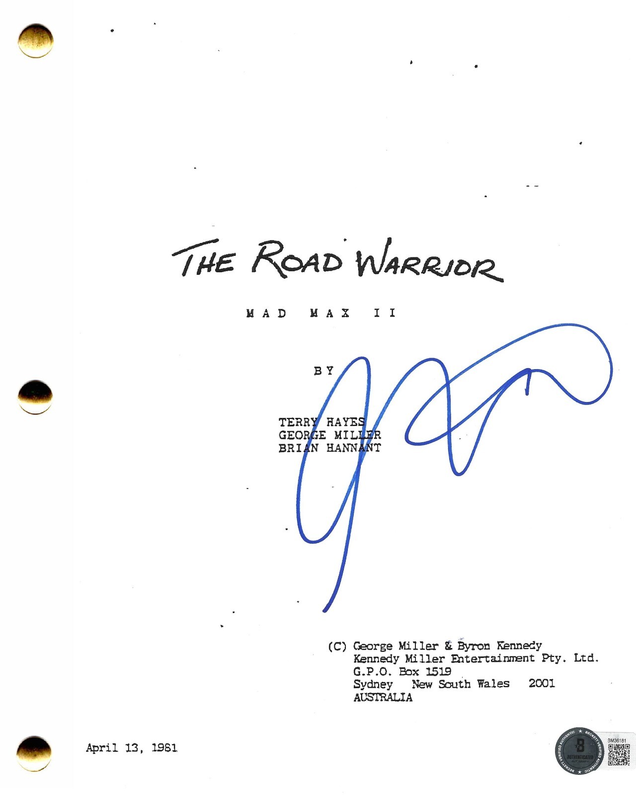 George Miller Signed Mad Max The Road Warrior Full Script Autograph Beckett