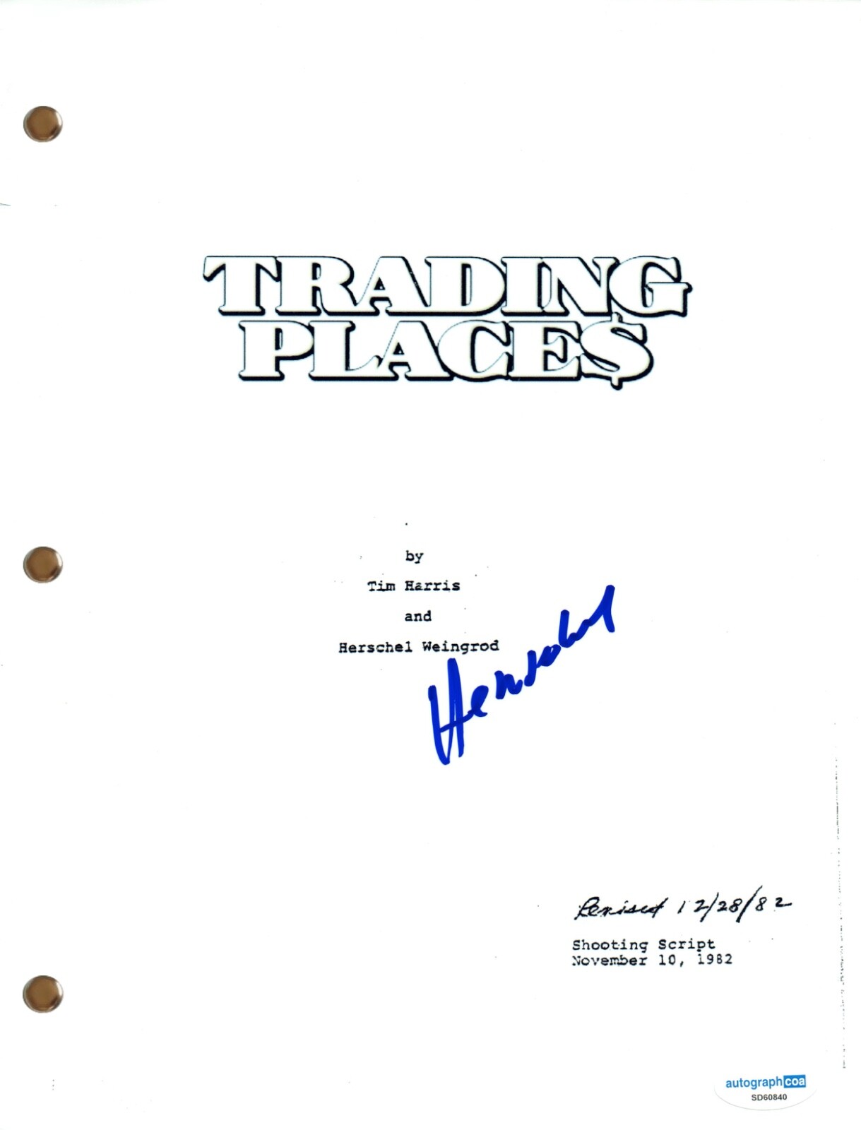 Herschel Weingrod “Trading Places” Signed Autograph Movie Script Screenplay ACOA