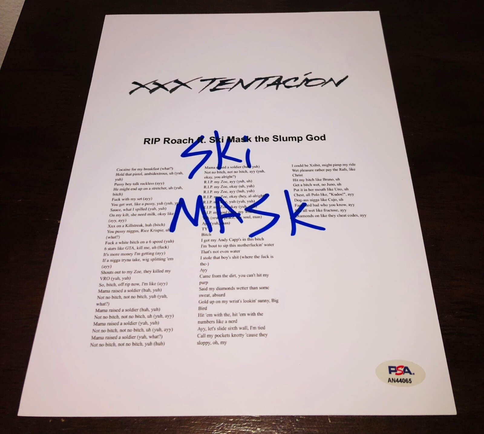 Ski Mask the Slump God RIP Roach Signed Lyric Sheet PSA XXXTentacion RARE B