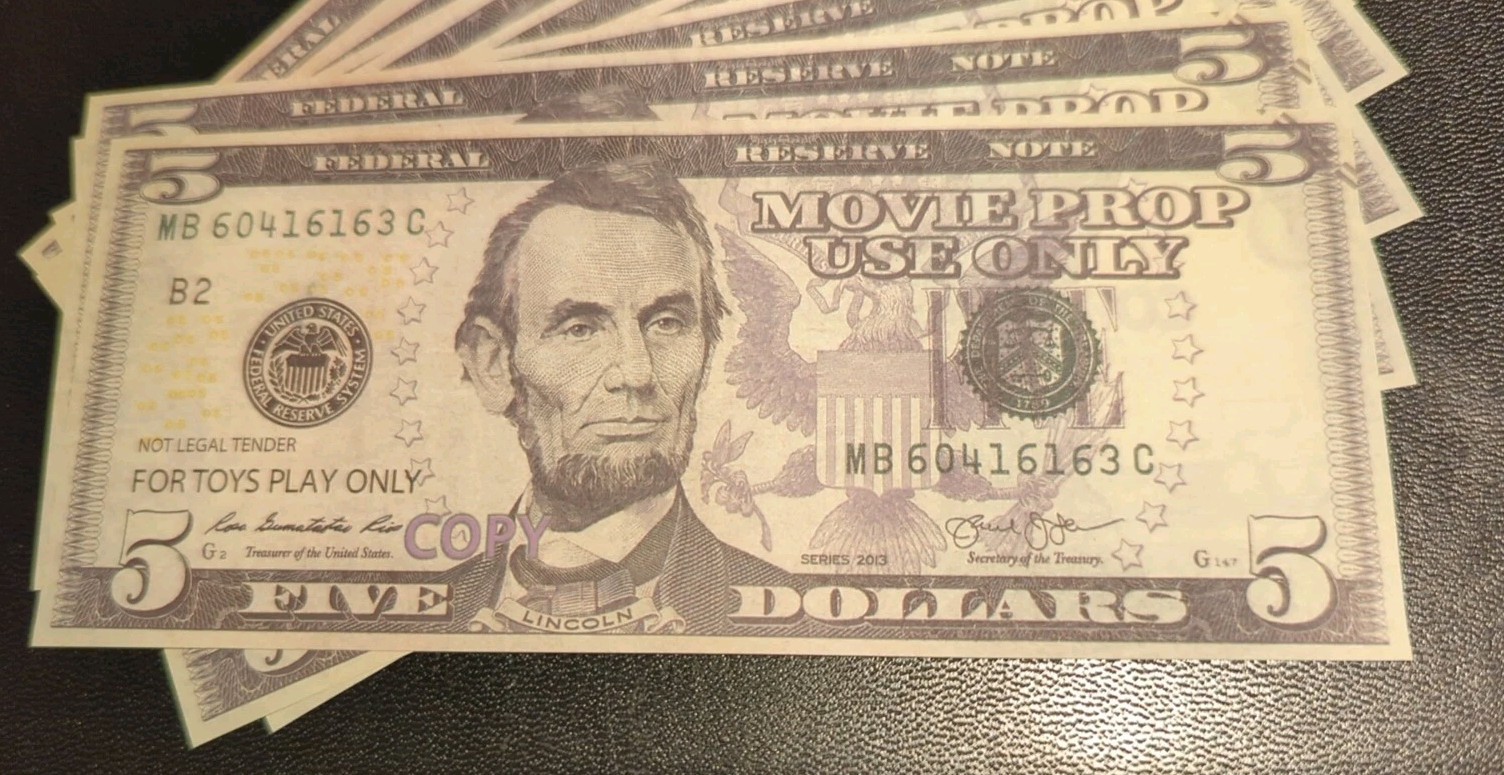 Abraham Lincoln 10 Five $5(50 FV)Dollar Bills Movie Prop Replica Play Money Cash