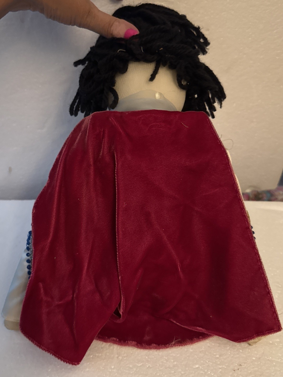 Handmade Elvis Doll 21″ White Suit Blue Gold Black Hair Shoes Red Cape VTG