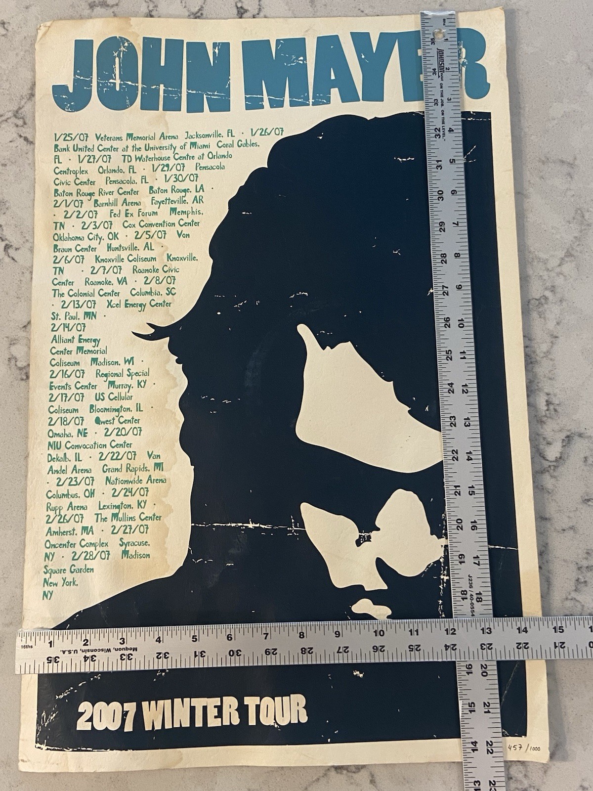 JOHN MAYER 2007 WINTER TOUR POSTER, #ED 457/1000. RARE BLUE INK VERSION.