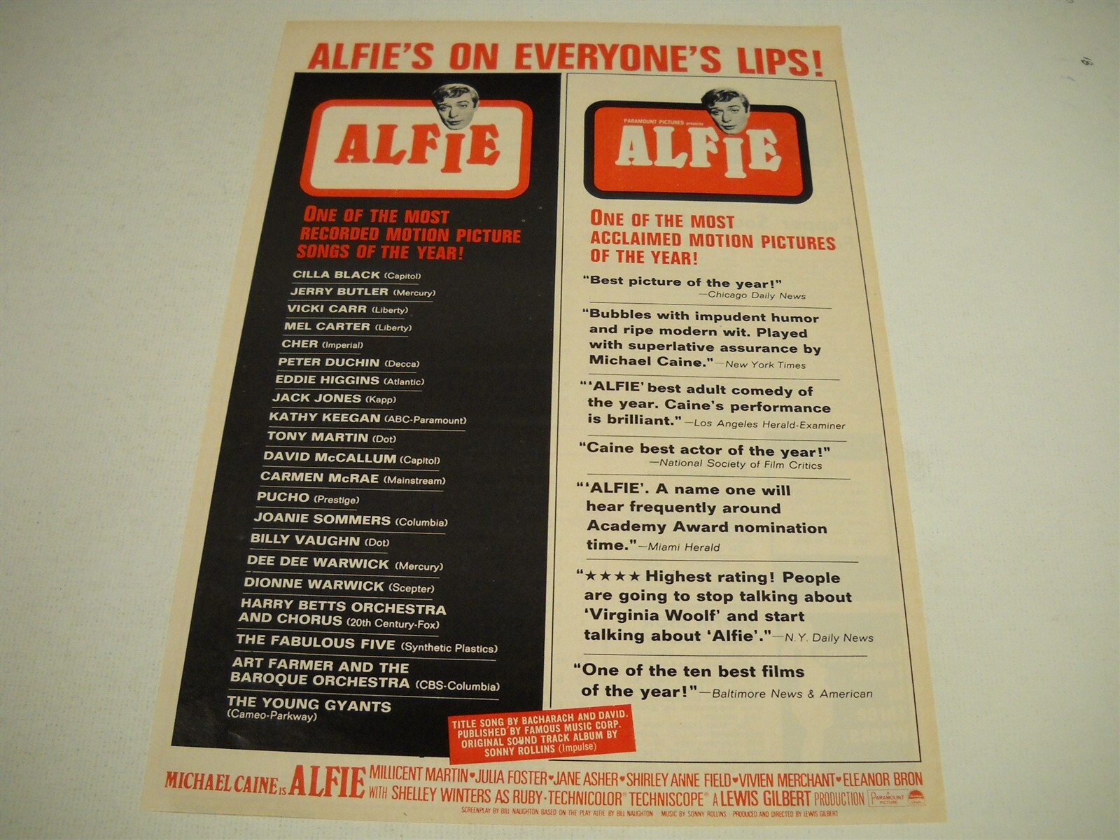 ALFIE 1967 Promo Display Ad CILLA BLACK Peter Duchin PUCHO Dee Dee Warwick other