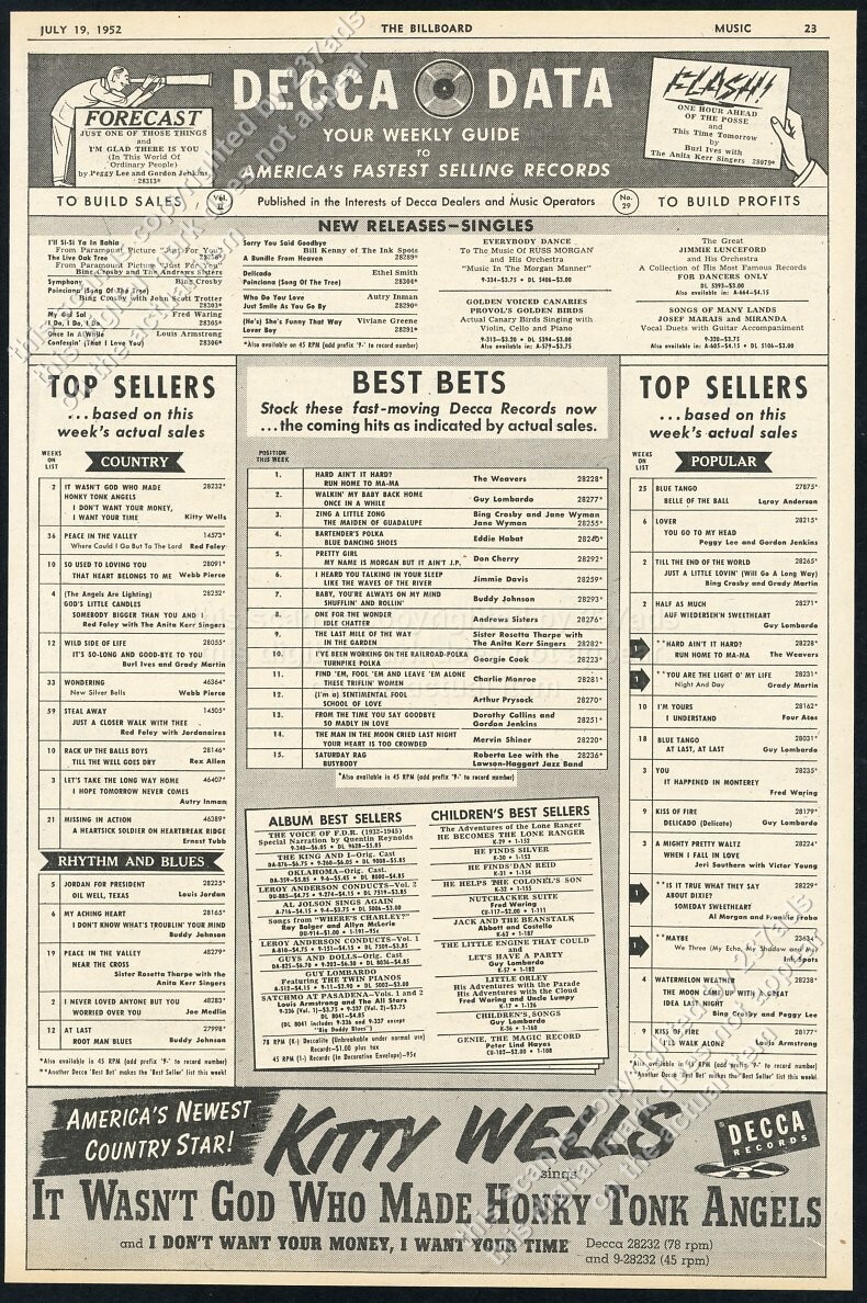 1952 Kitty Wells It Wasnt God Who Made Honky Tonk Angels record release trade ad