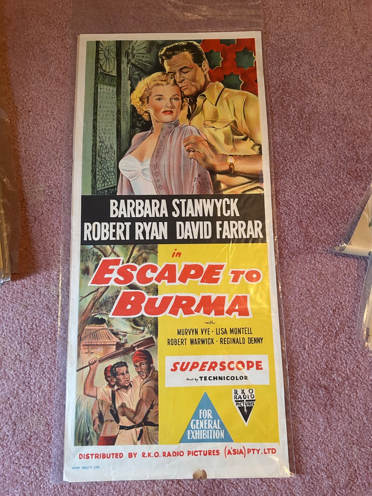 Vintage Movie Poster Australian “Escape to Burma” 1955 Barbara Stanwcyk