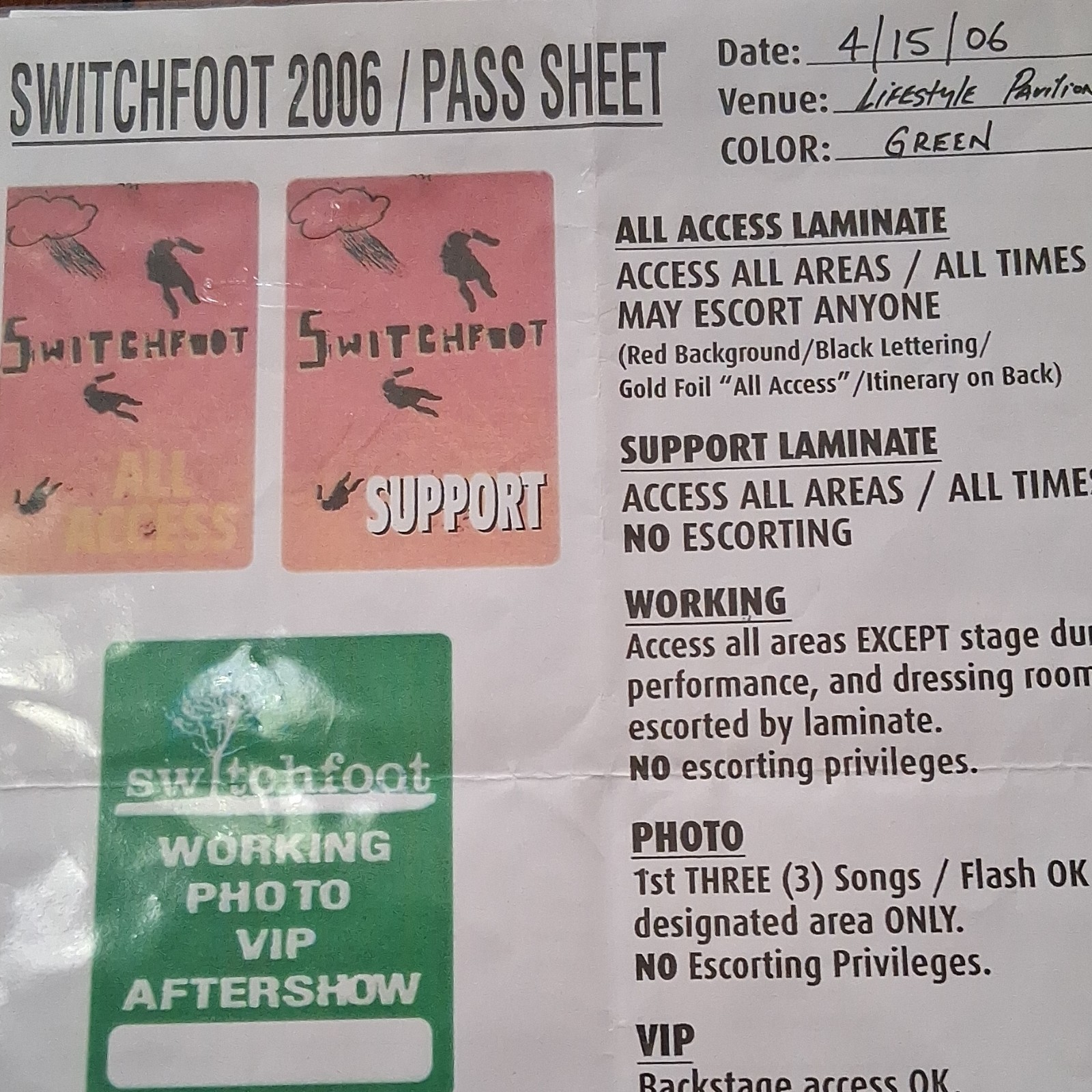 Switchfoot 2006 Pass Sheet & Show Paperwork w/ Ticket Stub + Food Notes