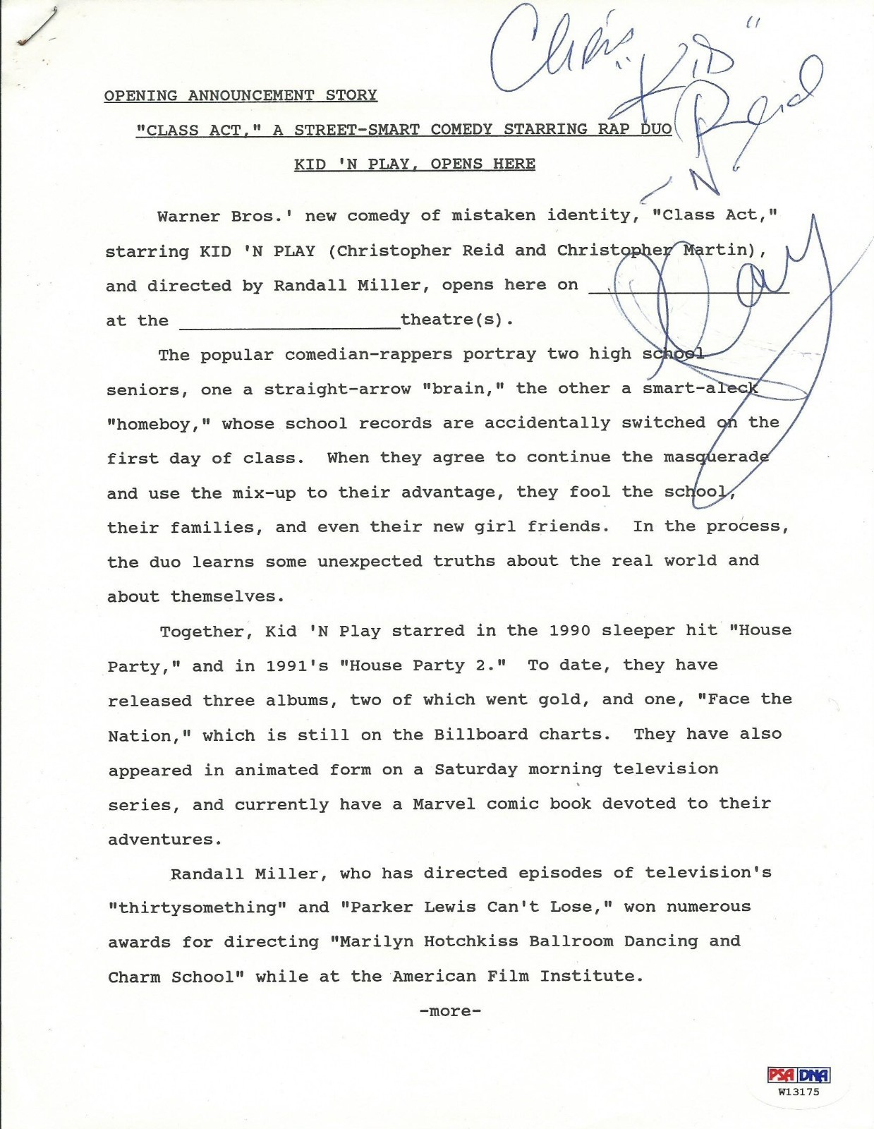 Kid ‘n Play Signed Original Class Act Opening Announcement Story PSA/DNA COA Rap