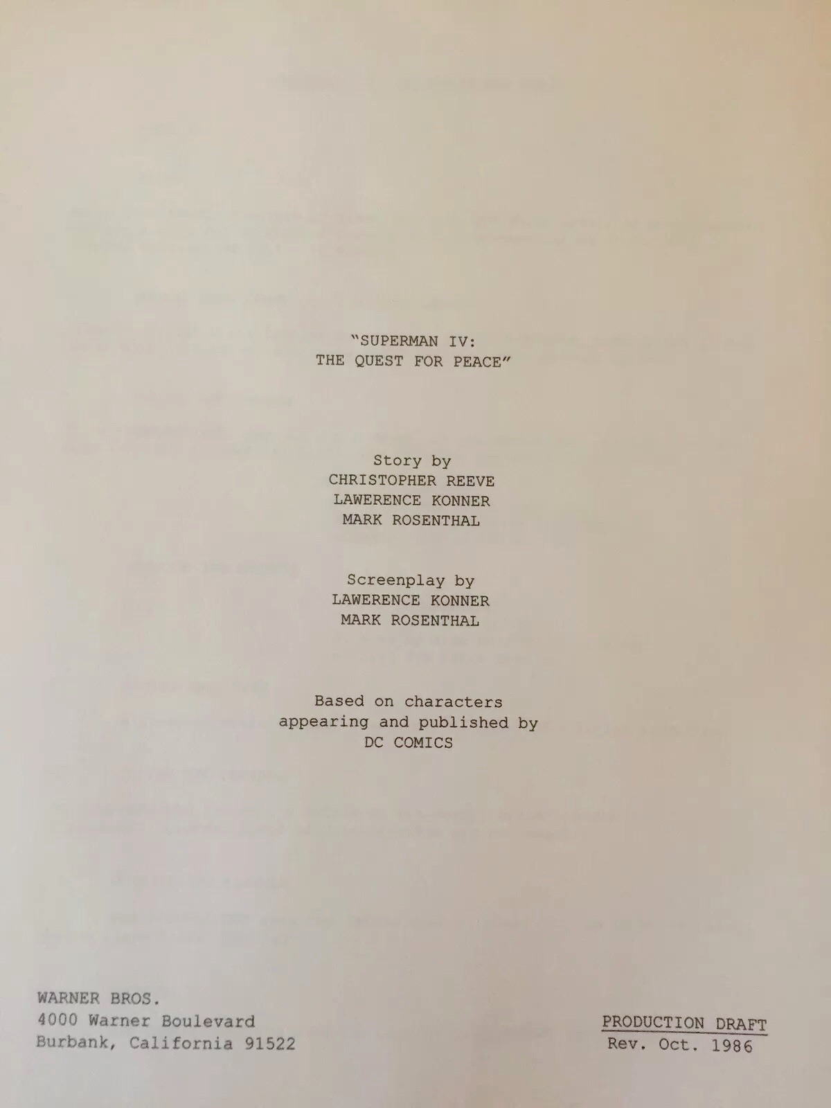Warner Bros™ SUPERMAN IV Original Film Script DC COMICS Rare Screenplay