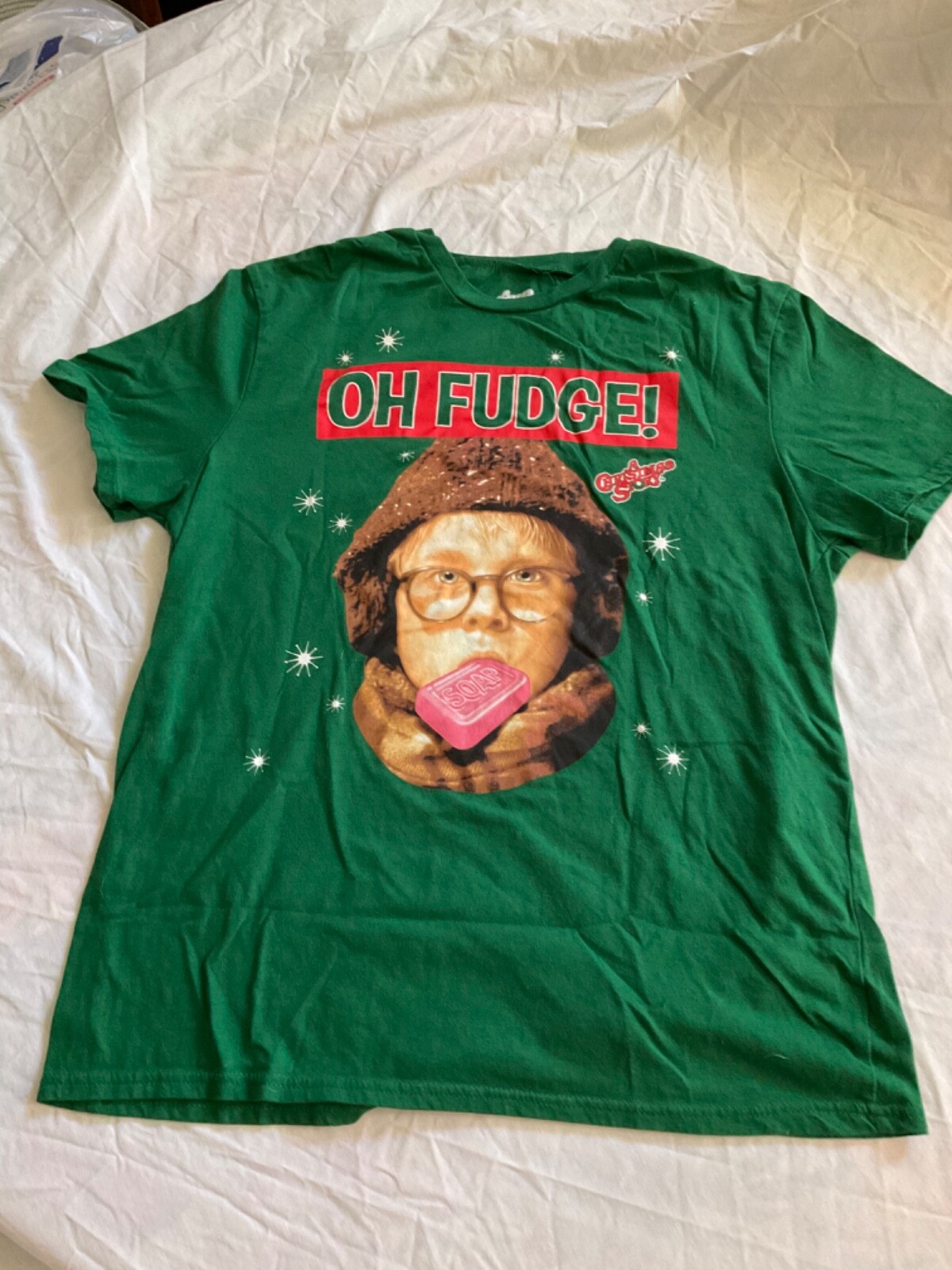Christmas story movie green t shirt Front logo youth large “Oh Fudge”