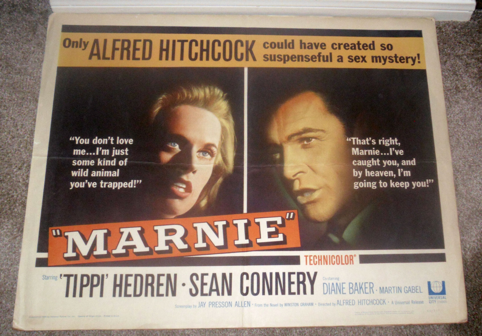 MARNIE original 1964 22×28 movie poster SEAN CONNERY/ALFRED HITCHCOCK