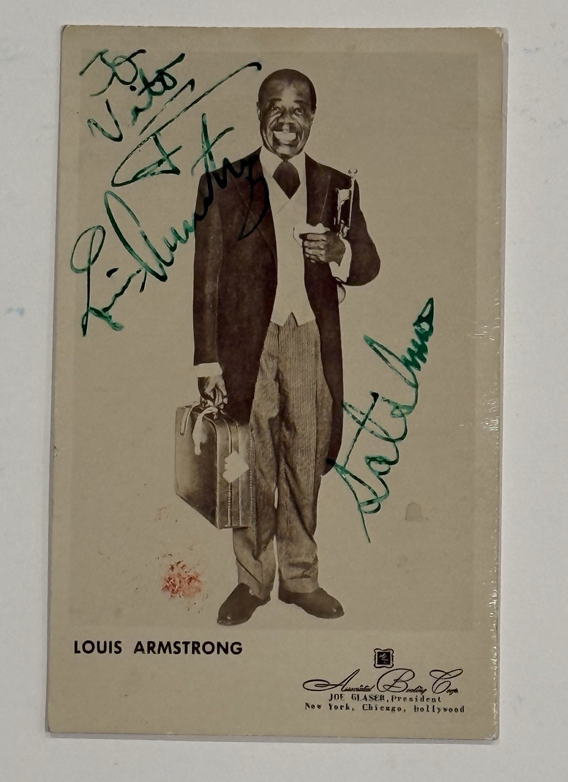 LOUIS ARMSTRONG Signed & Inscribed 3 1/2 X 5 1/2 Photo Postcard JSA COA