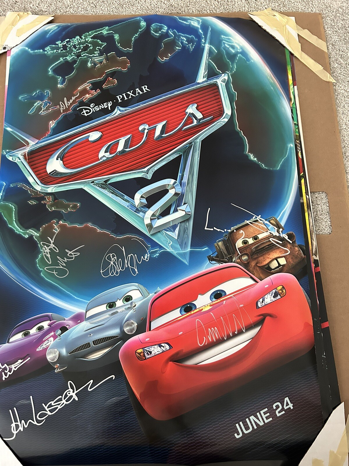 OWEN WILSON SIGNED AUTOGRAPHED CARS 2 POSTER + JOHN LASSETER + LARRY CABLE GUY
