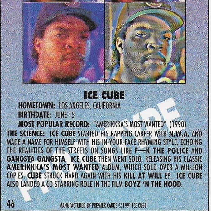ICE CUBE RARE PROTOTYPE CARD RAP PACK 1991 BOYZ ‘N THE HOOD PREMIER CARDS MINT