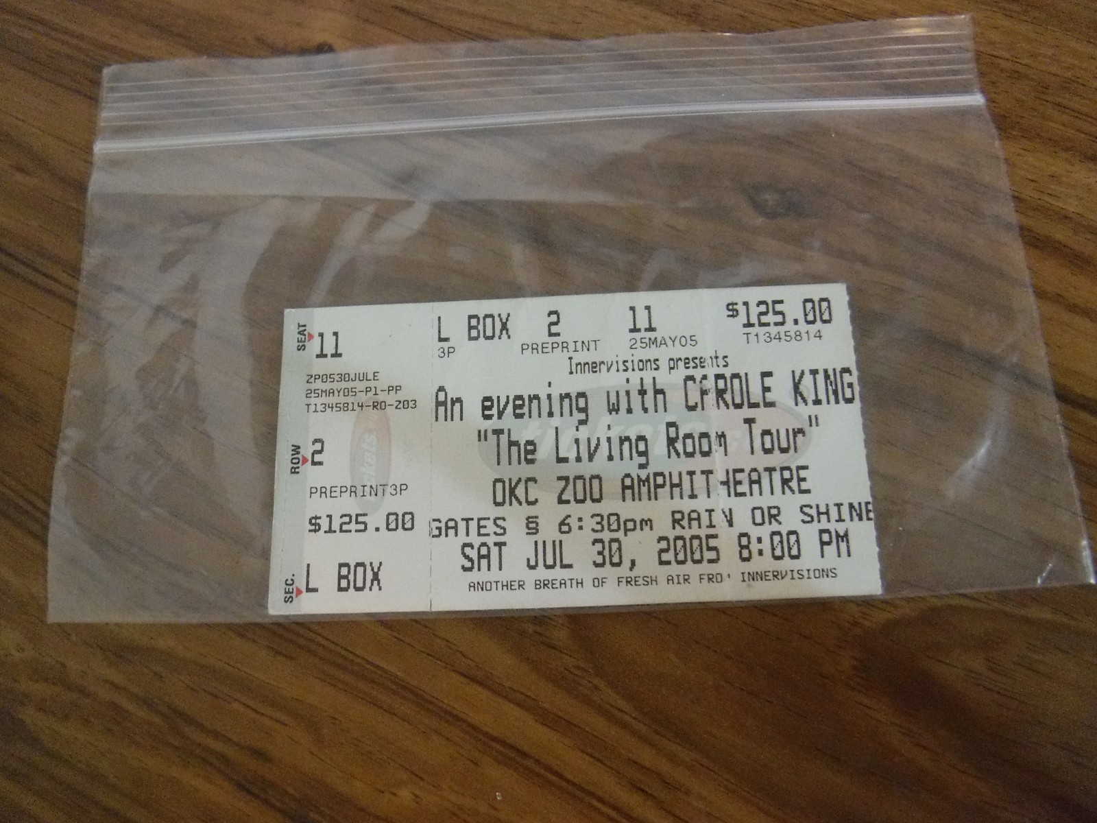 2005 Carole King original concert ticket stub OKC Zoo Amphitheatre