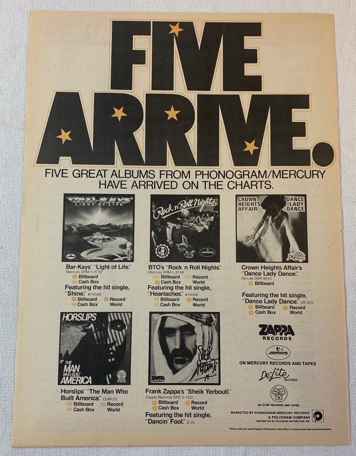1979 music industry trade ad ~ FRANK ZAPPA, BAR-KAYS, BTO, HORSLIPS, more