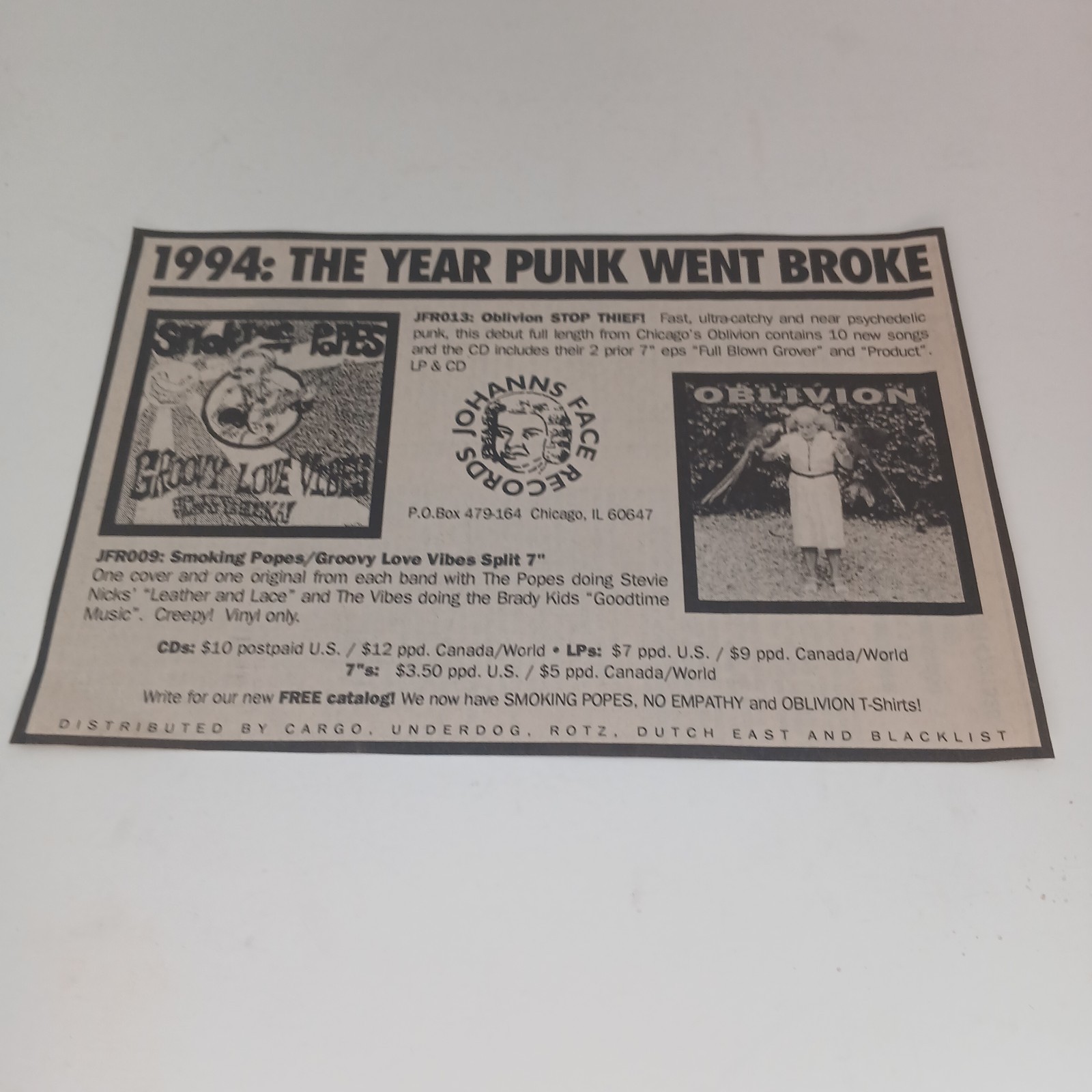 Johanns Face Records Oblivion Smoking Popes Promo Flyer Ad 90s Chicago Punk