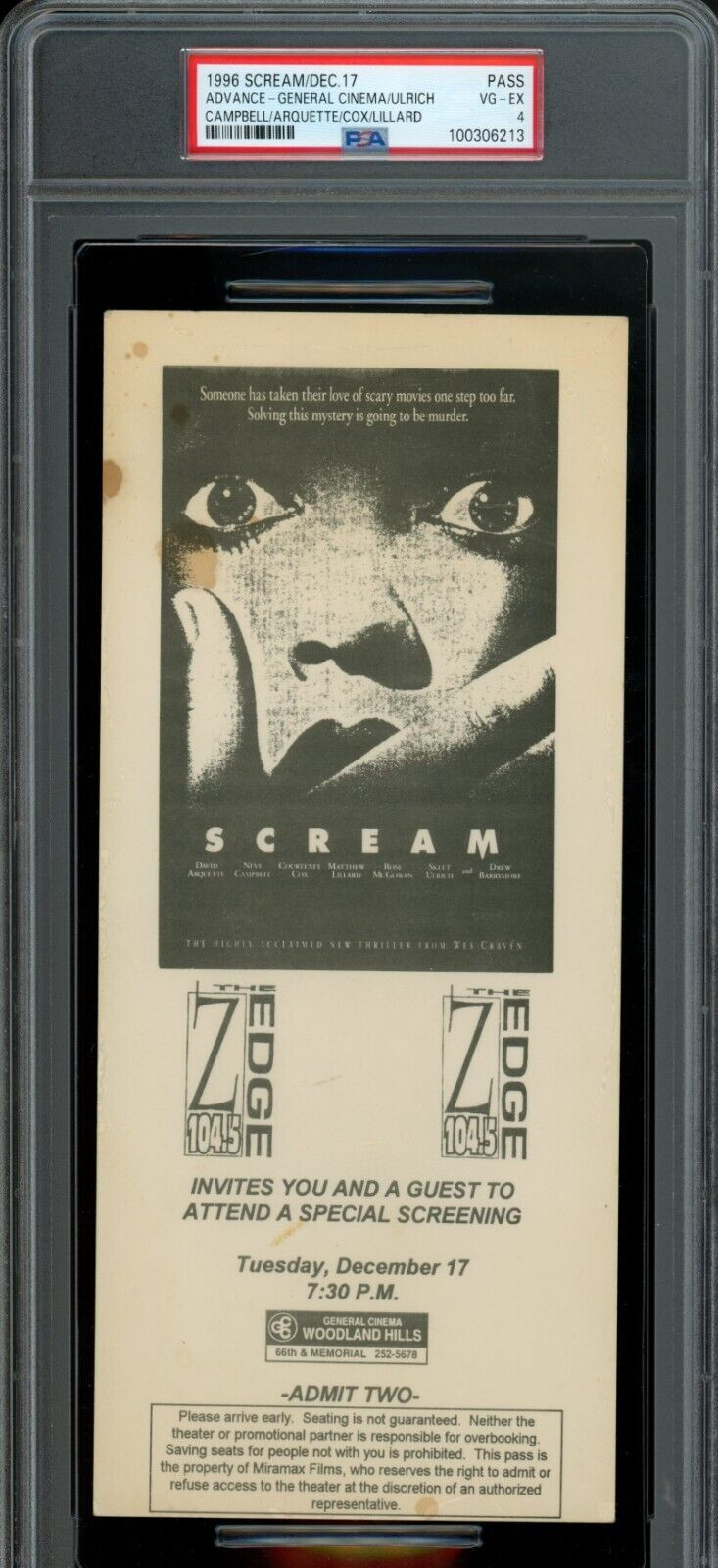 SCREAM / 1996 Advance Screening Movie Ticket, Neve Campbell slasher horror PSA 4