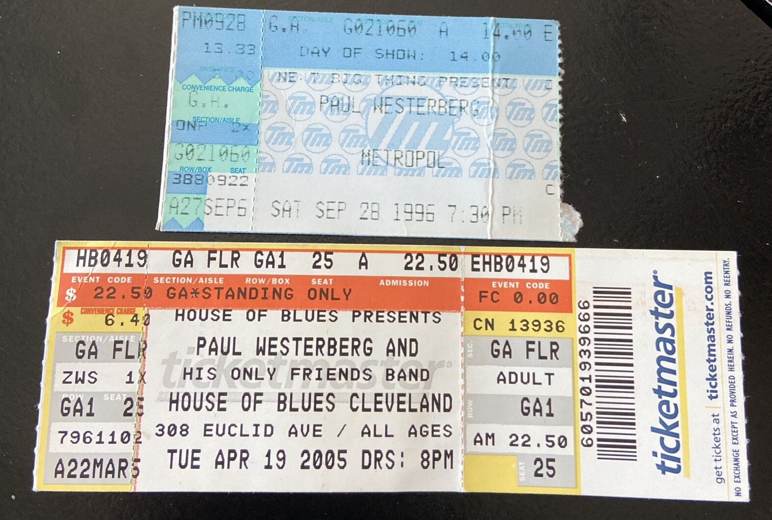 Paul Westerberg Concert Ticket Stubs. 9/28/96 Metropol PGH, 4/29/05 H.O.B. Cleve