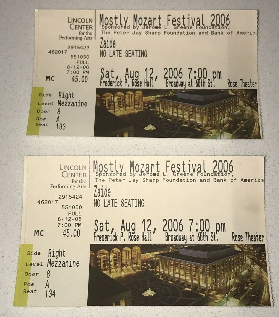 Mostly Mozart Music Concert Festival Zaide New York Ticket Stub 8/12/2006