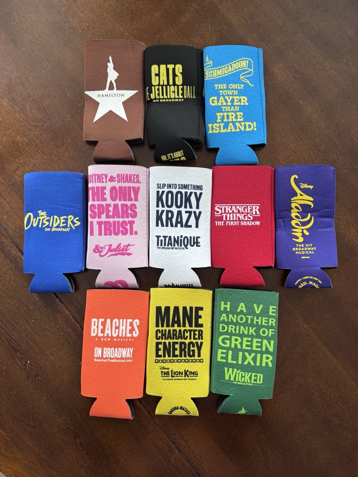 Broadway Pride 11 KOOZIE Slim Can Holder Hamilton Wicked Outsiders Aladdin Cats