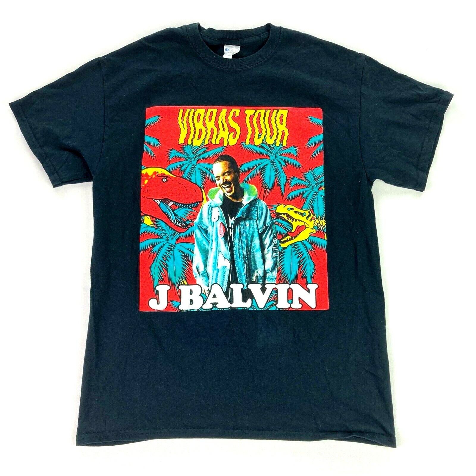 J Balvin Vibras Tour 2018 Concert T-Shirt Tee Black Dinosaurs/Palm Trees • SMALL