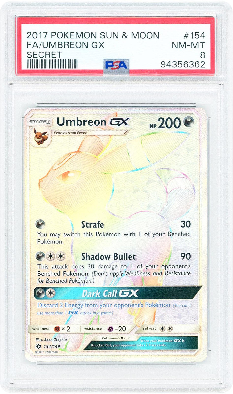 Umbreon GX 2017 Pokemon Sun & Moon Base Set Secret Rare #154 PSA Item#14655751