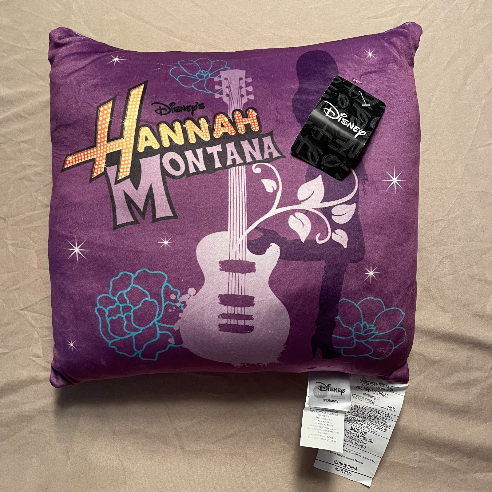 NWT Disney Hannah Montana Pillow 14″x14″ Purple Soft Miley Cyrus Singing Pop