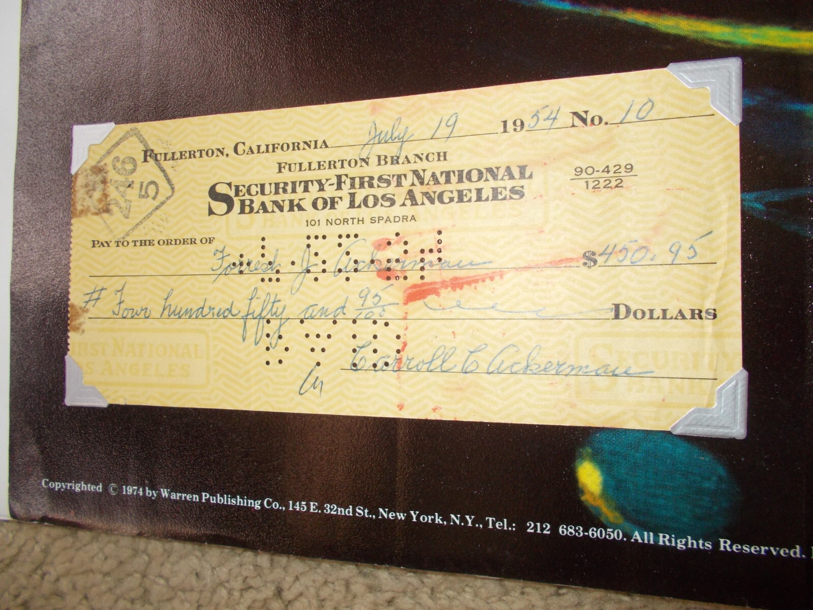 FORREST ACKERMAN SIGNED CHECK + FAMOUS MONSTERS 1974 POSTER