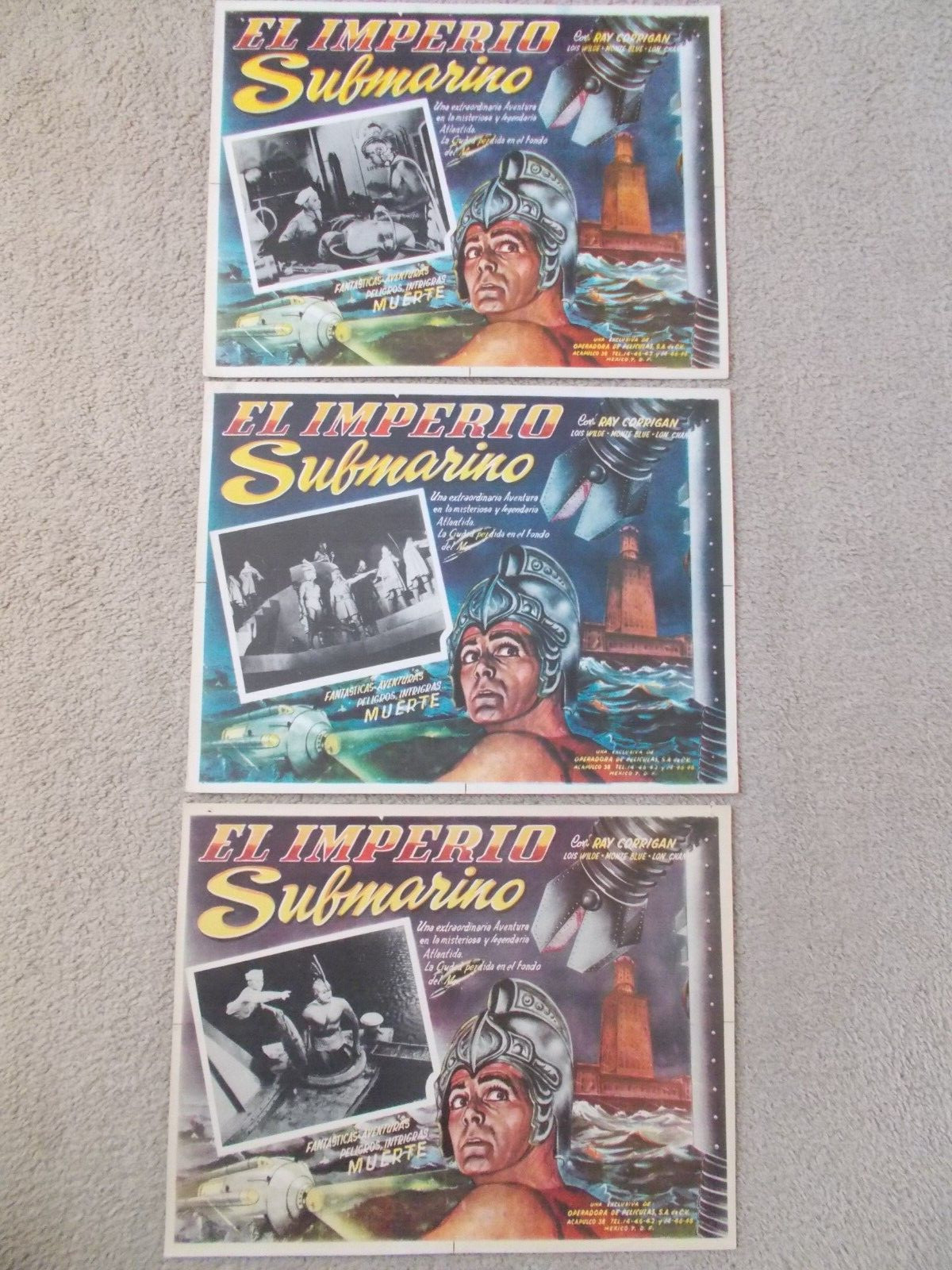 SHARAD OF ATLANTIS ORIGNAL LON CHANEY SET OF 3 VINTAGE MEXICAN 1936 LOBBY CARDS