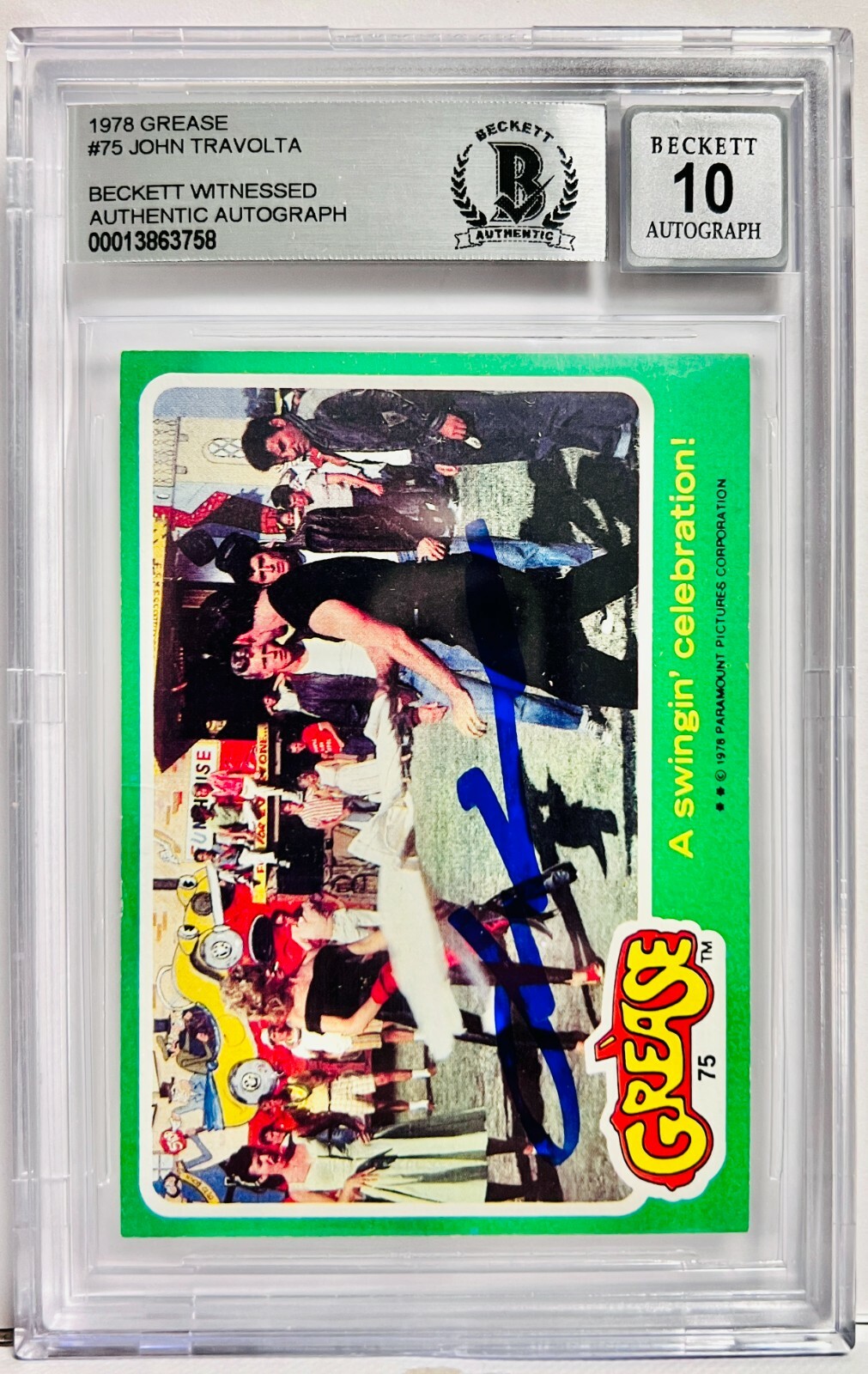 Topps Grease 1978 #75 Signed by John Travolta Beckett BAS Witnessed Graded 10