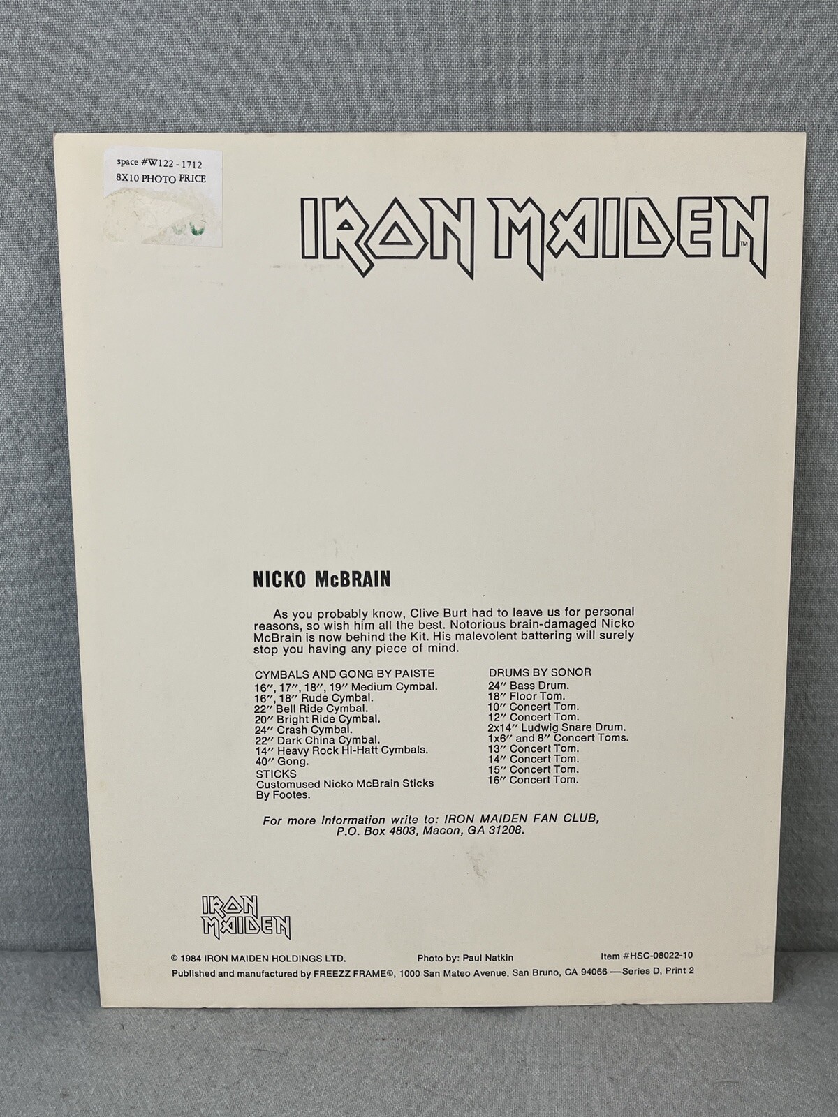 Vintage 1984 Iron Maiden Holdings “Nicko McBrain” 8inx10in Series D, Print 2
