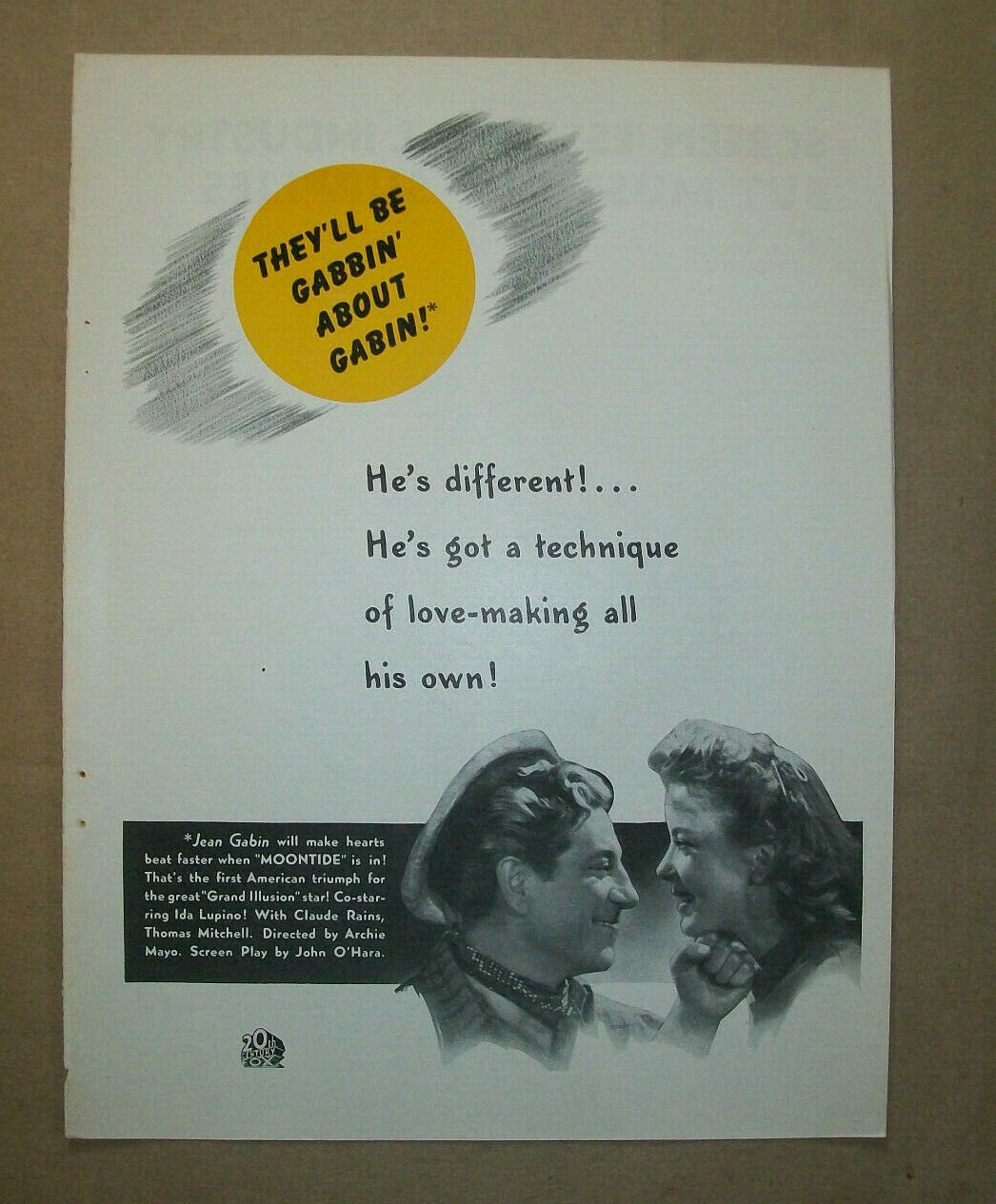 Jean Gabin Ida Lupino Claude Rains Thomas Mitchell 1942 Ad- Moontide/20 Cent Fox